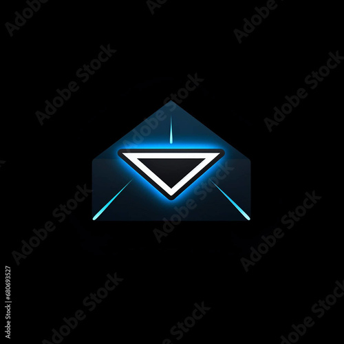 A Futuristic Black, White and Fluorescent Blue Email Envelope Icon or Logo