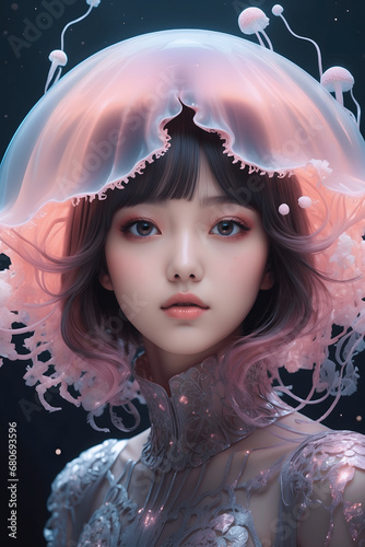 Winter's Veil: Detailed Korean Ghostly Winter Jellyfish with Intricate Motifs photo