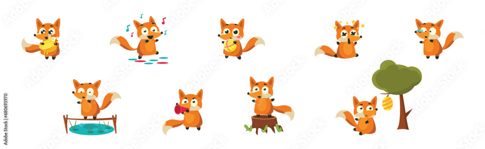 Cute Red Fox with Bushy Tail and Funny Snout Vector Set