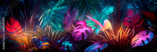 Realistic tropical leaves with neon glow , Generative AI © Лилия Захарчук