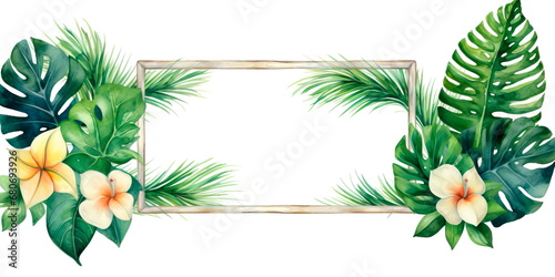 Watercolor frames with realistic tropical of monstera, frangipani and palm leaves isolated on white background. Generative AI