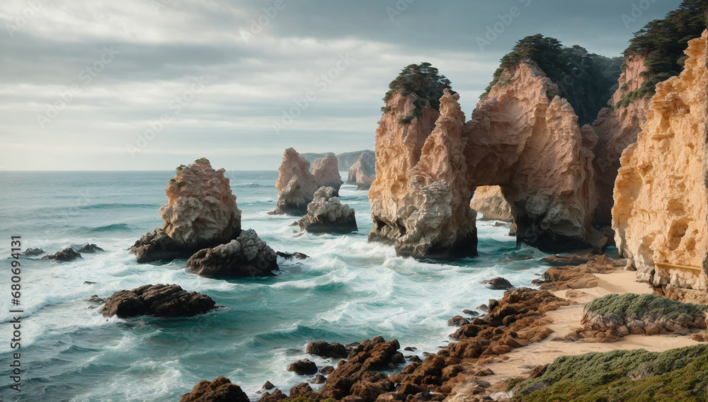 Magnificent and enchanting coastal rock formations are shaped by the relentless power of the ocean - AI Generative