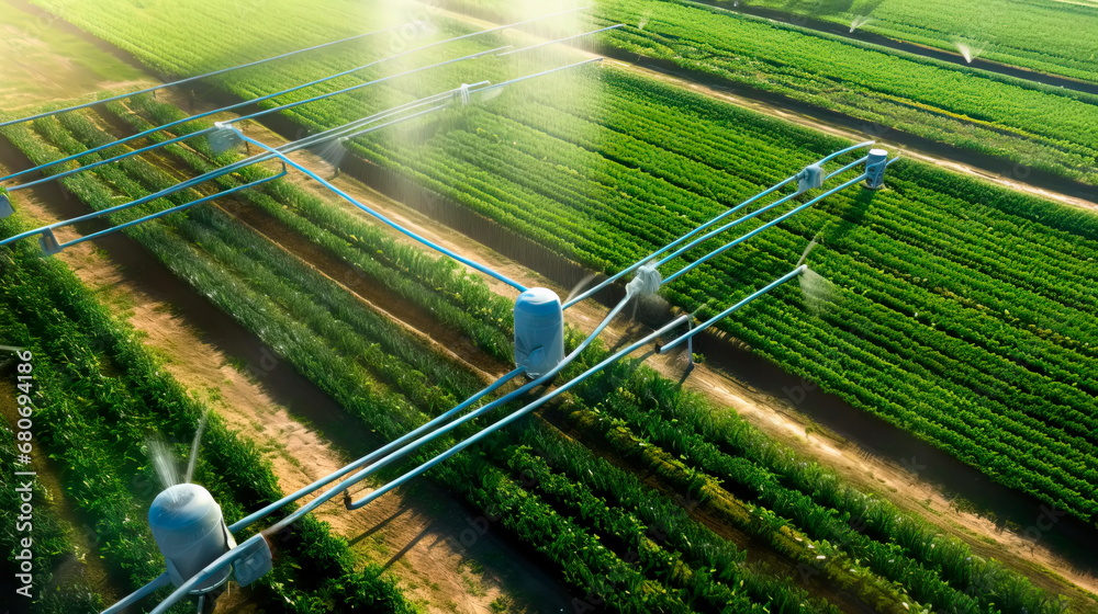 Irrigation system in action. An overhead view of a farm with a functioning modern irrigation system, showing the network of pipes, sprinklers and water channels. Generative Ai - obrazy, fototapety, plakaty 