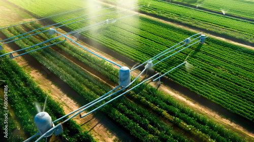 Irrigation system in action. An overhead view of a farm with a functioning modern irrigation system, showing the network of pipes, sprinklers and water channels. Generative Ai