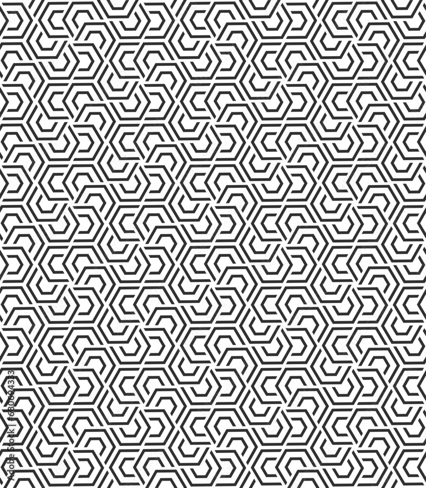 Black, metallic, monochrome geometric seamless pattern with  hexagon elements for surface designing, wallpaper, tiles etc