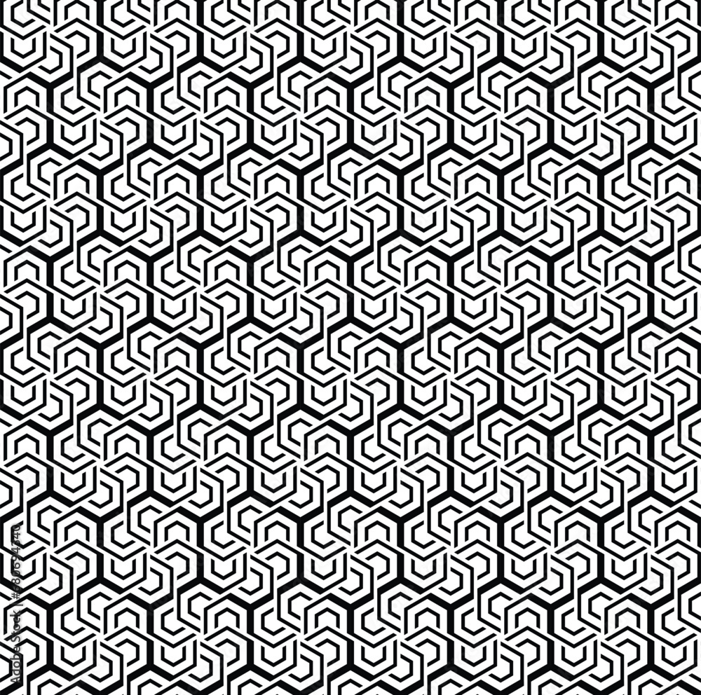 Black, metallic, monochrome,  geometric hexagon seamless pattern for surface designing, wallpaper, tiles etc