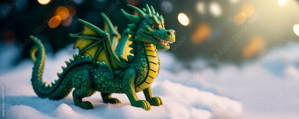 Fototapeta premium The green wooden dragon is a symbol of 2024 according to the eastern calendar. Postcard with copy space