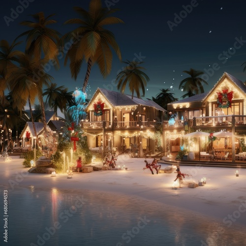 Caribbean Christmas Glow: Coastal Homes Aglow Under Night Skies, generative AI © Artificial Soul