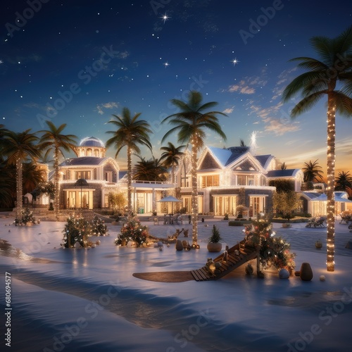 Caribbean Christmas Glow: Coastal Homes Aglow Under Night Skies, generative AI