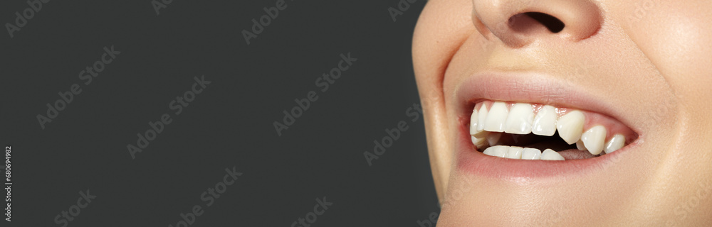 Fototapeta premium Dental Beauty. Beautiful Macro with perfect White Teeth. Fashion Lips natural Make-up. Whitening Tooth, Wellness Treatment