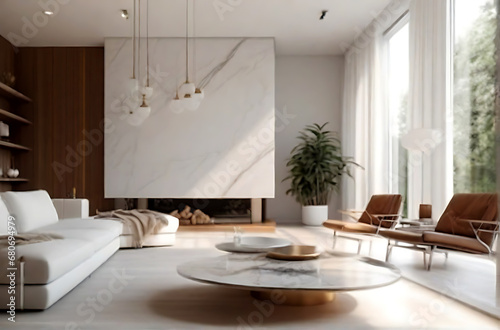 Modern living room interior design with marble wall in a mid-century residence.  Generative AI © Abul