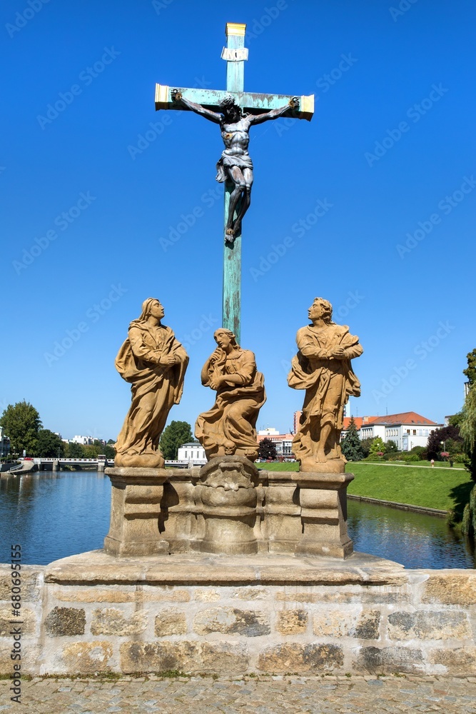 statues on oldest historic stone bridge in Pisek town