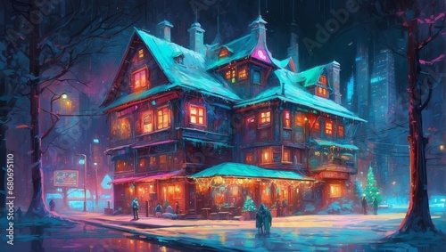 A Cyberpunk Enchanted Winter Evening At A Festive House 94