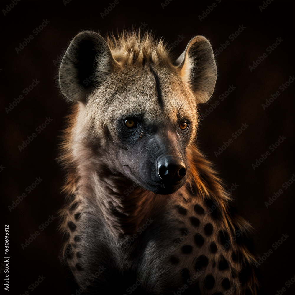 Portrait of an African hyena with its head and slightly African hyena. Realistic. dramatic lighting, the grin of a wild animal. Portrait of an African hyena with its head and slightly African hyena. Realistic. dramatic lighting, the grin of a wild animal.