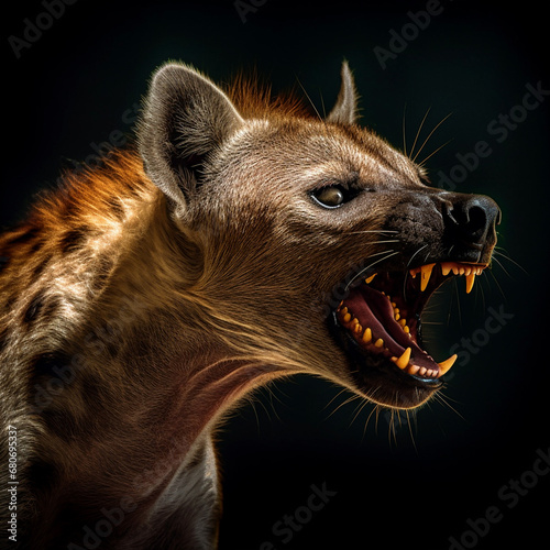 Portrait of an African hyena with its head and slightly African hyena. Realistic. dramatic lighting, the grin of a wild animal.