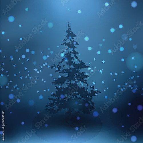 Blue abstract winter background. Dark spruce in the middle of the forest, falling snowflakes and moonlight.