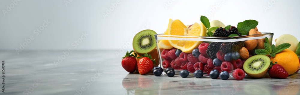 A medley of fresh fruits, rich in essential vitamins, displayed against a soft background. The image offers banner space for text on health and nutrition. A medley of fresh fruits, rich in essential vitamins, displayed against a soft background. The image offers banner space for text on health and nutrition.