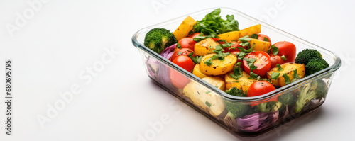 Colorful vegetable salad, a source of minerals and fiber, in a glass container. The minimalist design is ideal for a health-focused banner with text space