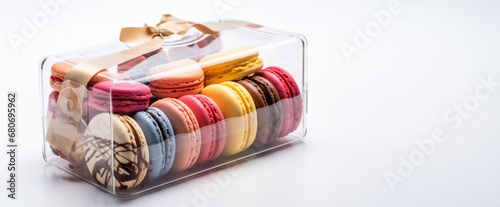 A pack of colorful macarons presented in a clear gift box, symbolizing gourmet French pastries. Ideal for festive occasions and as a sweet gift. The layout provides ample space for text, making it an
