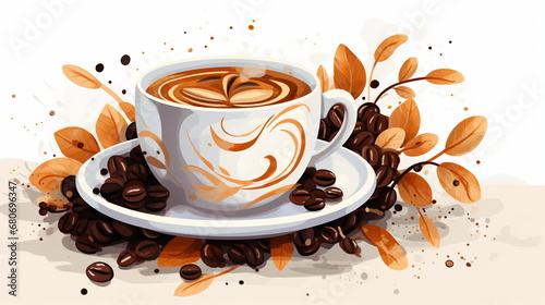 Vectorised drawing of a coffee cup with bean decoration