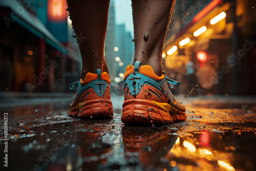 Male feet in sports shoes on stylized urban background
