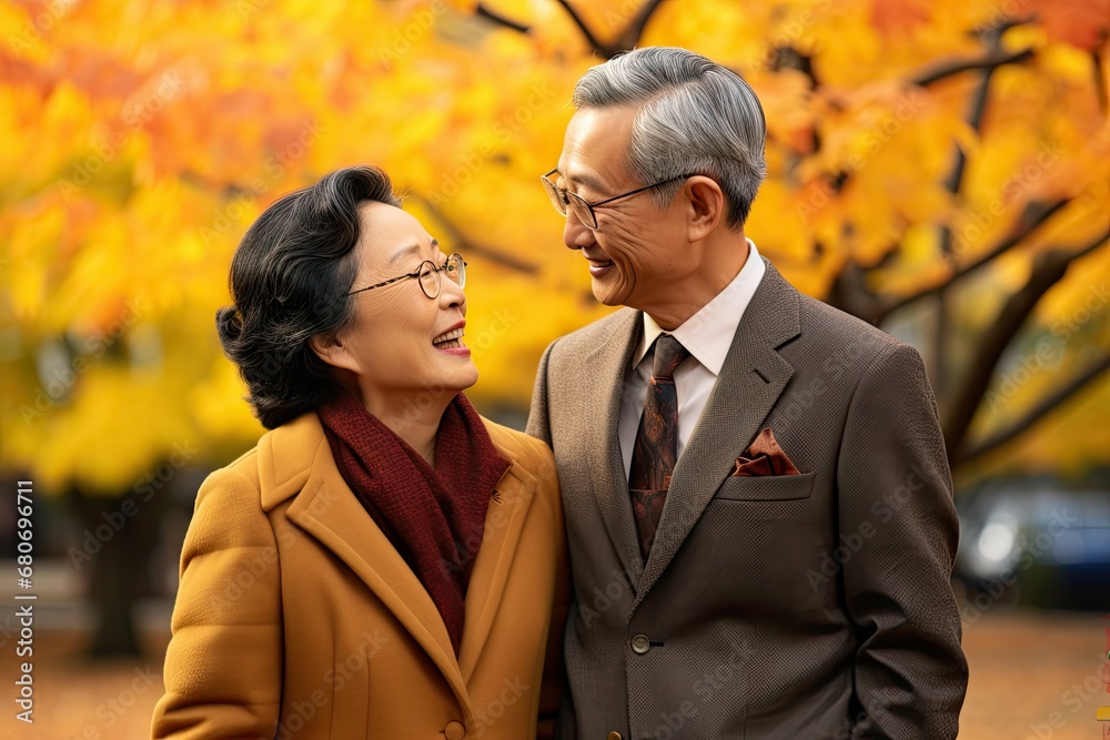 A happy couple of elderly people of asian race in autumn stylish clothes, smiling at each other, enjoying life in the autumn park. Generative AI Technology. A happy couple of elderly people of asian race in autumn stylish clothes, smiling at each other, enjoying life in the autumn park. Generative AI Technology.