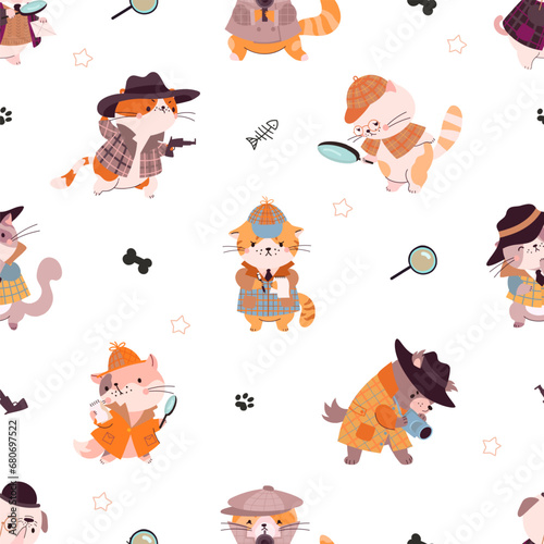 Animal detectives. Cute cartoon cats investigation, kitty wear costumes and looking evidence. Funny childish fabric print, nowaday vector background