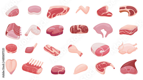 Raw meat collection. Parts of chicken, beef and pork. Butchery shop ingredients, bbq or steakhouse food design. Farm market neoteric vector goods