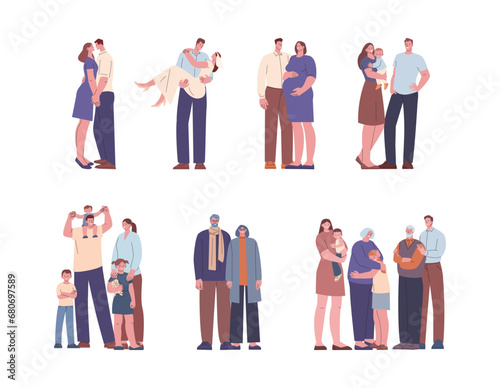 Family stages from teens to old people with descendants. Relationship development step by step. Different ages in love kicky vector scenes