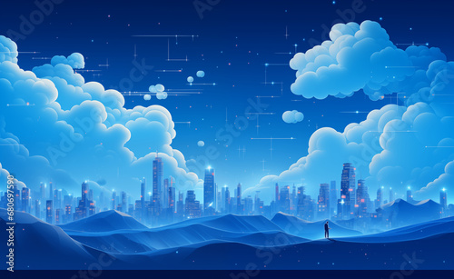 Visually Compelling Illustration of Cloud Computing's Transformative Power on a Dynamic Blue Canvas