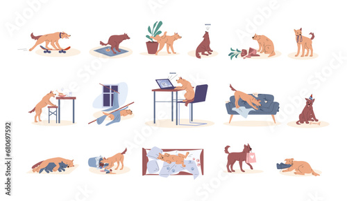 Dog daily life. Bad and good puppy behavior. Young pet destroyed furniture, celebration birthday, using laptop and hold gift. Animal kicky vector scenes