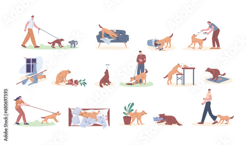 Pet behavior problems. Dogs destroying home, aggressive and naughty pets. Dog pulling leash and barking, whining at night and stealing, kicky vector scene