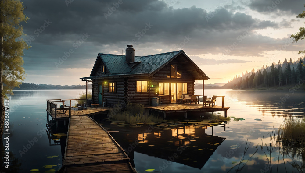 A cabin overlooking a tranquil lake, with a private dock, a rowboat, and a peaceful ambiance that invites relaxation and connection with nature - AI Generative