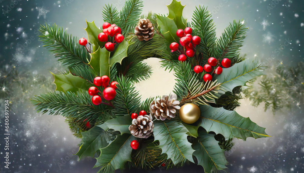Christmas wreath with holly berries and pine branches