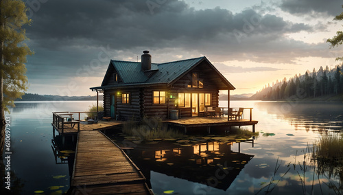 A cabin overlooking a tranquil lake  with a private dock  a rowboat  and a peaceful ambiance that invites relaxation and connection with nature - AI Generative