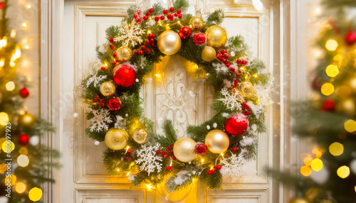 Christmas wreath with holly berries and pine branches