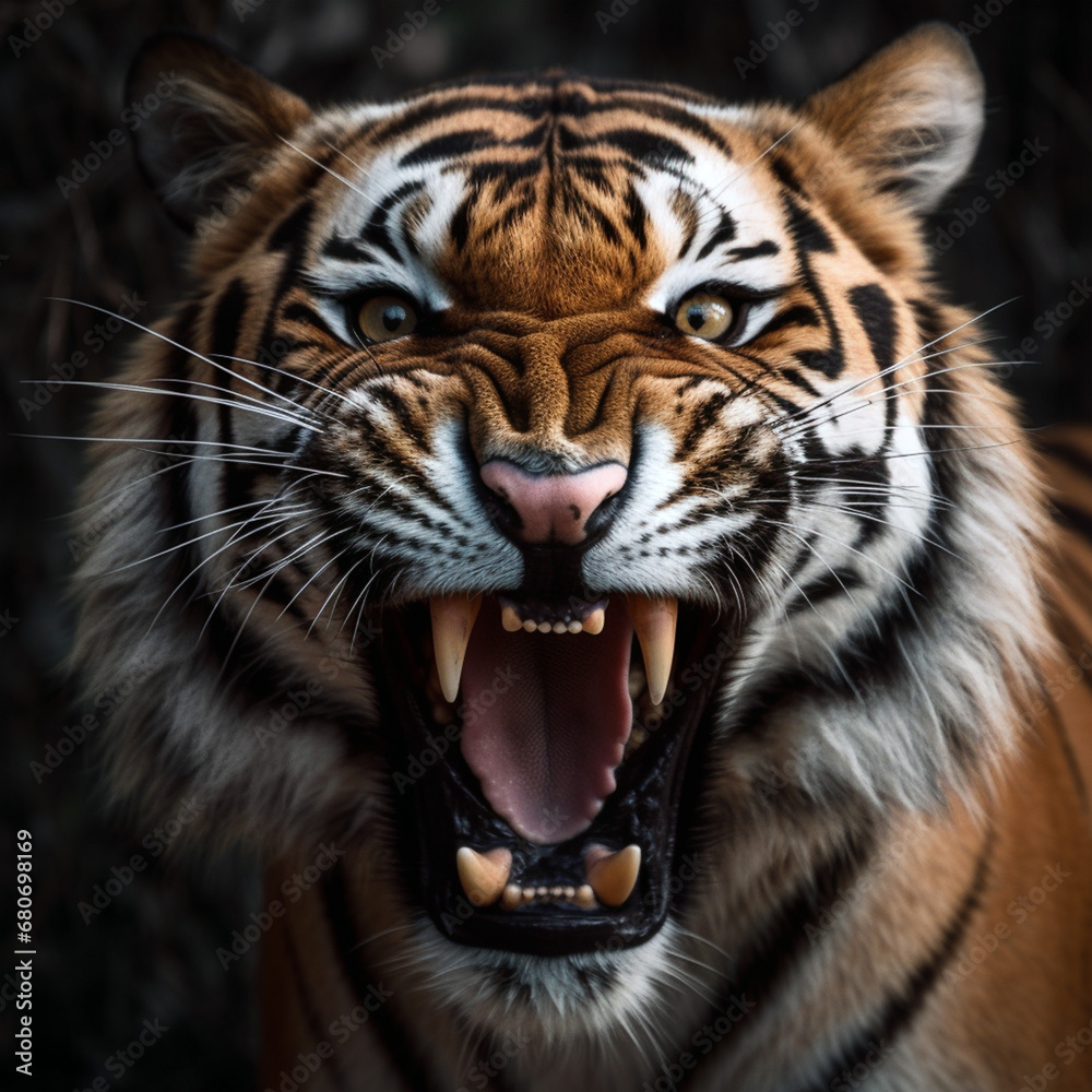 Portrait of a Bengal tiger, grin, big teeth. Realistic drawing. Beautiful wild animal. Portrait of a Bengal tiger, grin, big teeth. Realistic drawing. Beautiful wild animal.