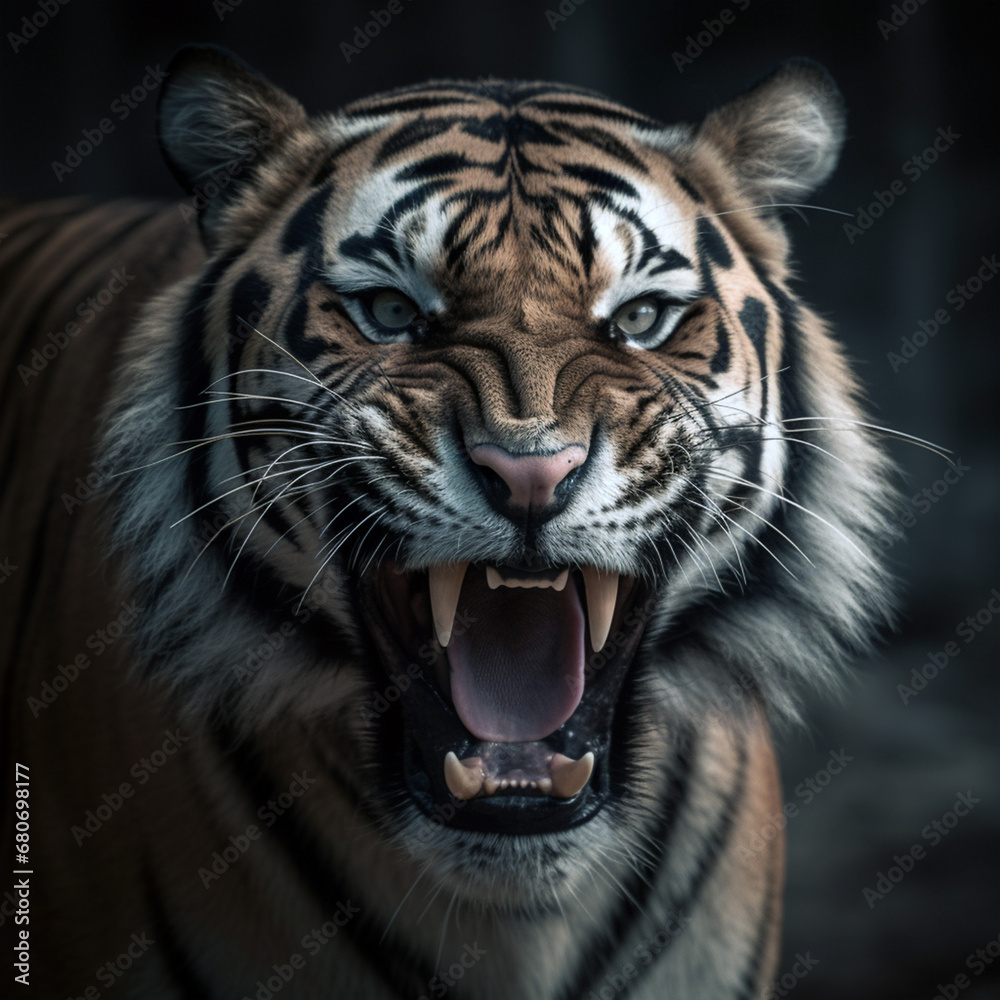 Portrait of a Bengal tiger, grin, big teeth. Realistic drawing. Beautiful wild animal. Portrait of a Bengal tiger, grin, big teeth. Realistic drawing. Beautiful wild animal.