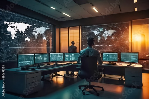 A Man Works in a Surveillance Center. Office For Cyber Security. NASA Office. Man at Work. Data Analysis, Network Security.