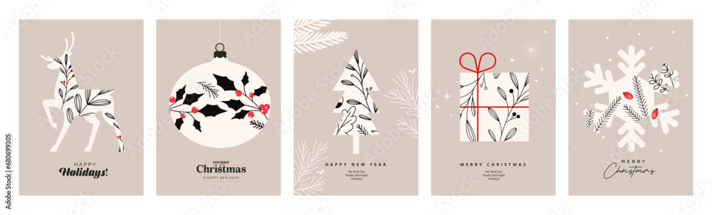 Obraz premium Merry Christmas and Happy New Year. Set of vector illustrations for background, greeting card, party invitation card, website banner, social media banner, marketing material.