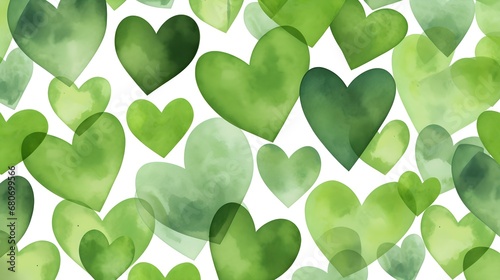 Seamless Background of painted Hearts in green Watercolors. Romantic Wallpaper