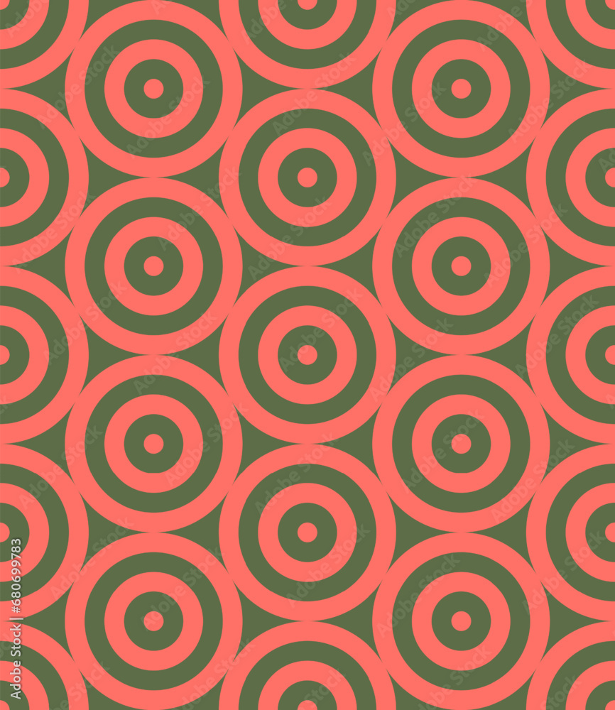 Circles Grid Vector Graphic Seamless Pattern With Red Green Colour Palette. Funky Retro Style Art 1950s 1960s 1970s Repetitive Abstract Background. Retro Trendy Old Fashioned Continuous Wallpaper