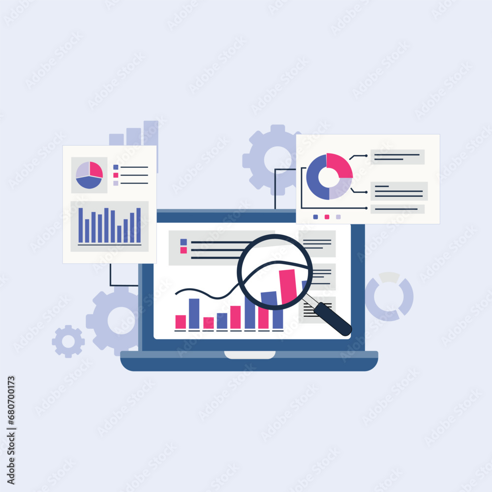 Graphs Information Report Analysis on Laptop Screen Vector Illustration. Data Analysis Concept Graphs Information Report Analysis on Laptop Screen Vector Illustration. Data Analysis Concept