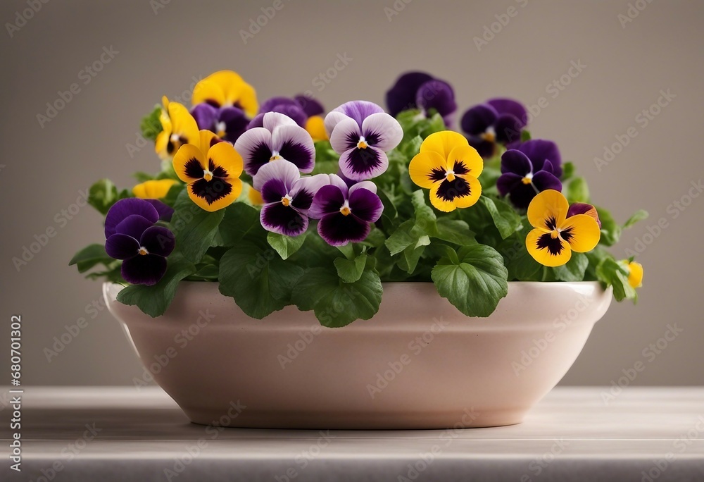 Purple and yellow pansies in a beige ceramic pot