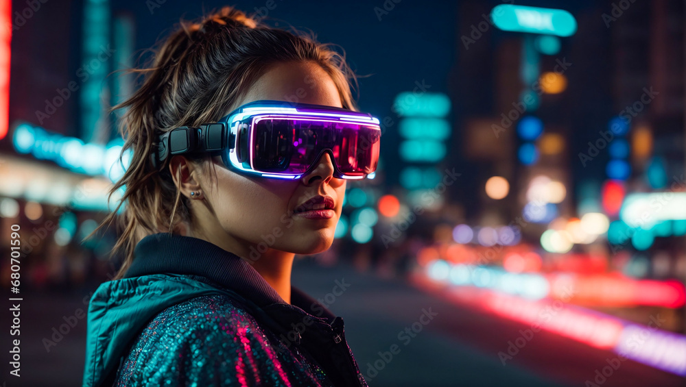 Portrait of a beautiful girl in virtual reality glasses on the street at night