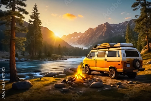 Camping Van Parked Beside a Great Mountain Lake and Tall Pine Tree. Camp Site Near the Lake. © Radovan