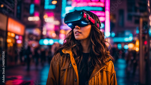 Portrait of a beautiful girl in virtual reality glasses on the street at night