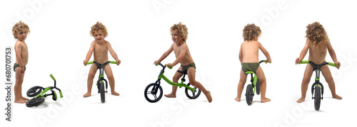 group of same  a boy in underpants playng a bicycle on a white background photo