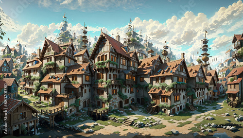 A picturesque medieval town situated on a tranquil plain  characterized by its charming architecture with dark green slate roofs - AI Generative