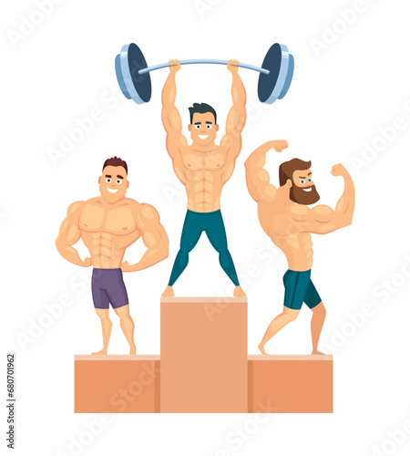 Bodybuilders. esthetic athletic male characters standing on different poses. Vector cartoon illustration